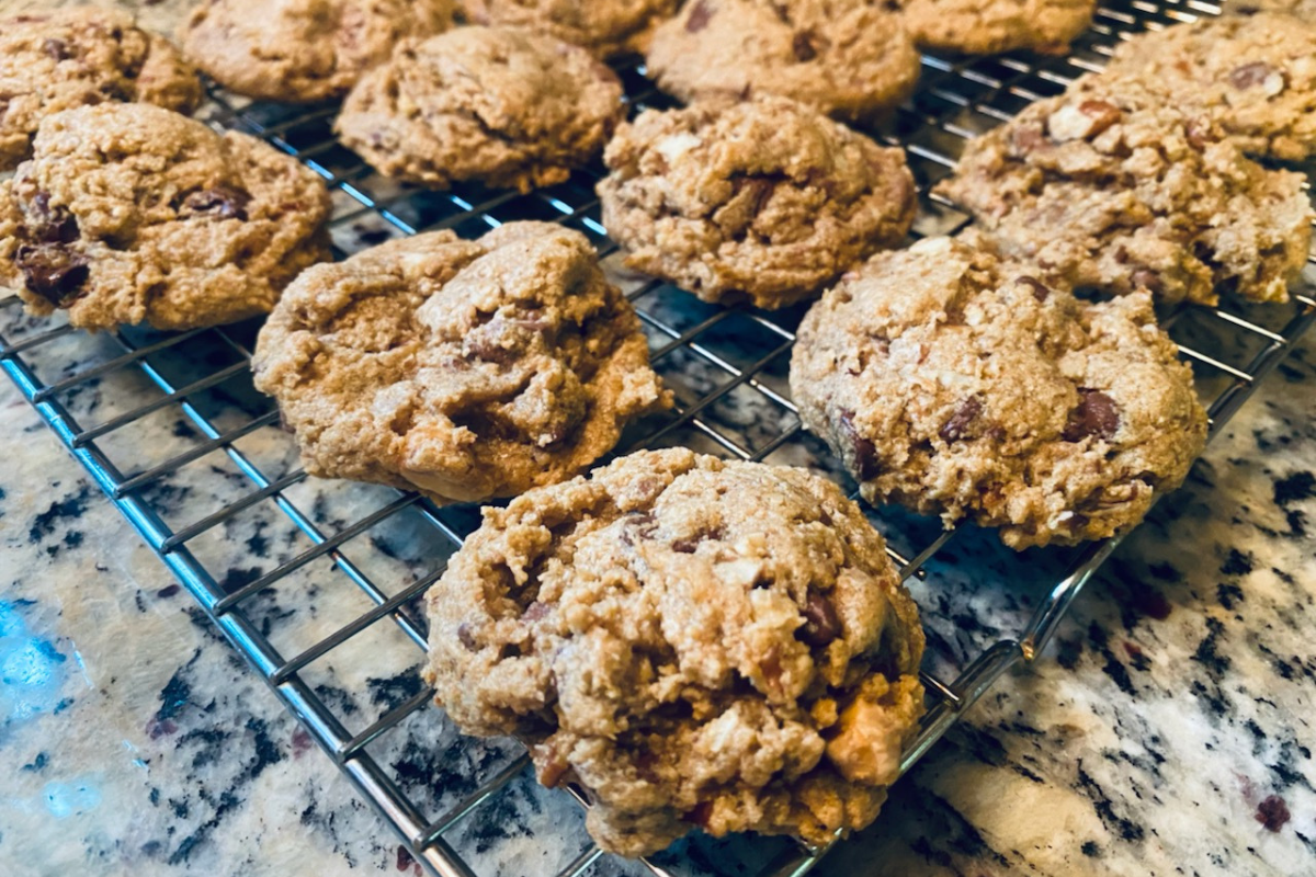 Freshly Milled Whole Grain Million Dollar Chocolate Chip cookies on a cooling rack fresh out of the oven.